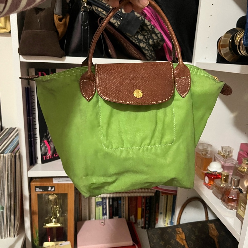 Long champ le pilage Green Tote Bag with Brown Accents